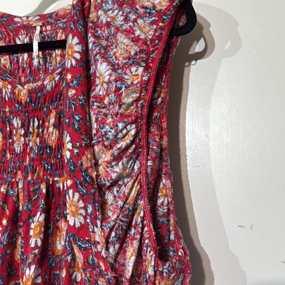 Free People Floral Red Floral Raw Hems Smocked Angel Sleeve Women's Top Size XL - Picture 4 of 9